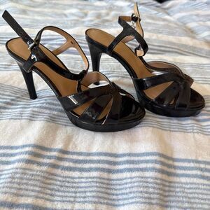 Thalia Sodi Velda Black Strappy Heeled Sandals Women's 8 Ankle Strap Stiletto